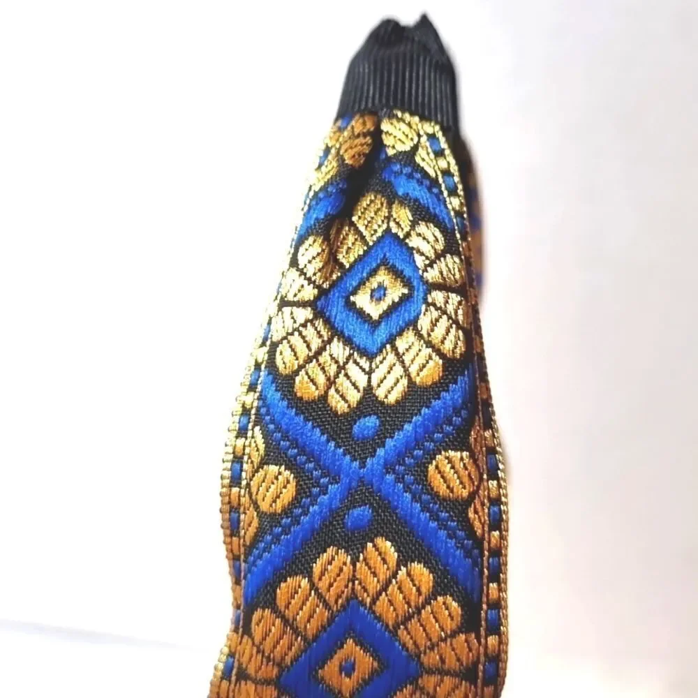 JEWELTONE JACQUARD SATIN FABRIC top knot royal blue gold black headband